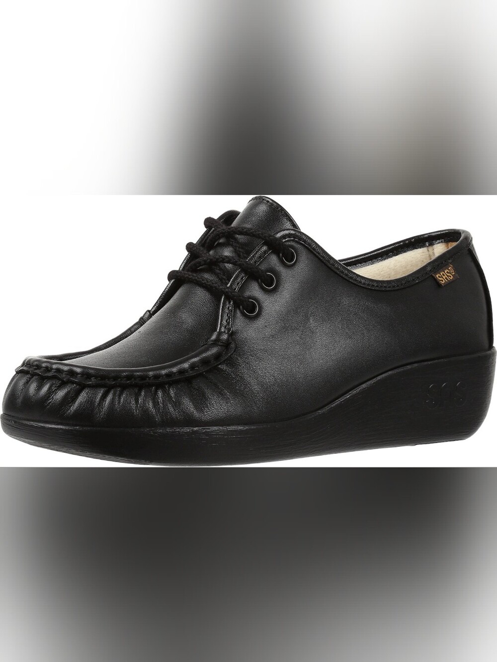SAS Black Leather Lace-Up Wedge Moccasin, 9W